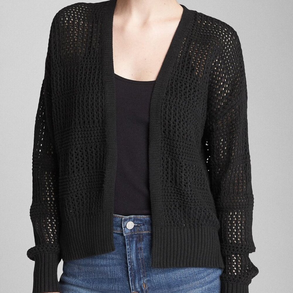 NEW! GAP Black Open Weave Crochet Cocoon Open Front Sweater With Side Slits - M